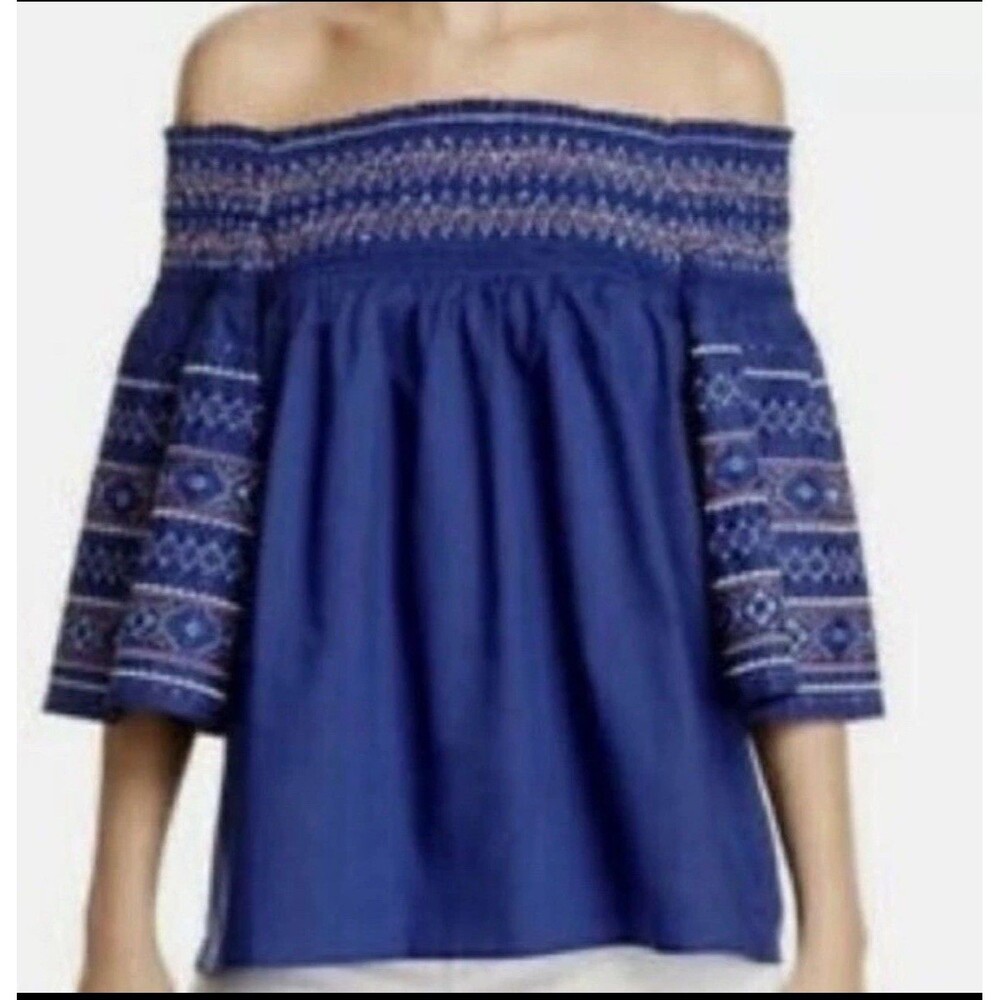 Parker Shirt Off-Shoulder Top Multicolor Smocking XS  ($265‎ Retail!) Navy Blue